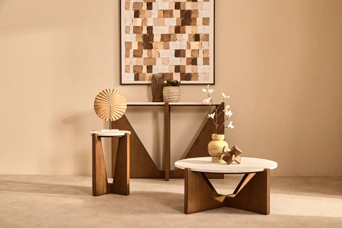 Image of Cream Travertine Top Console Table with Brown Acacia Wood Frame, Walton