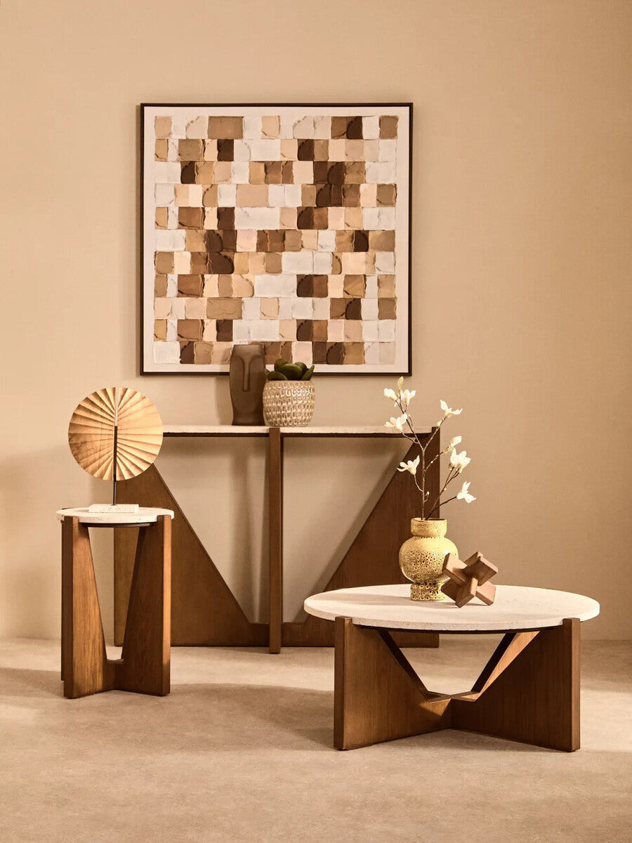 Image of Cream Travertine Top Console Table with Brown Acacia Wood Frame, Walton