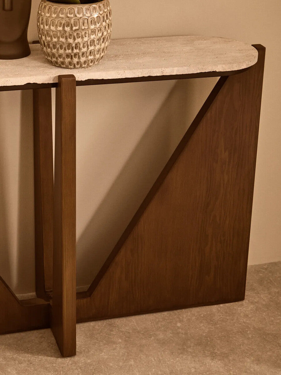 Image of Cream Travertine Top Console Table with Brown Acacia Wood Frame, Walton