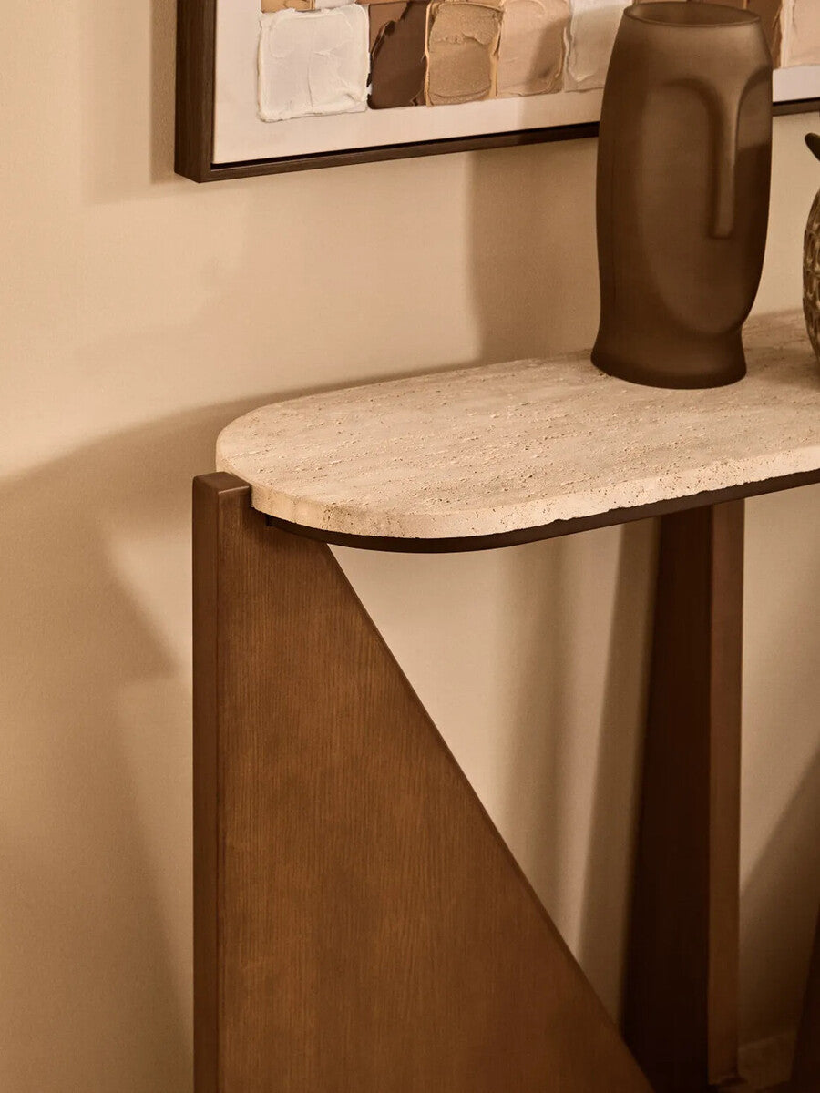 Image of Cream Travertine Top Console Table with Brown Acacia Wood Frame, Walton