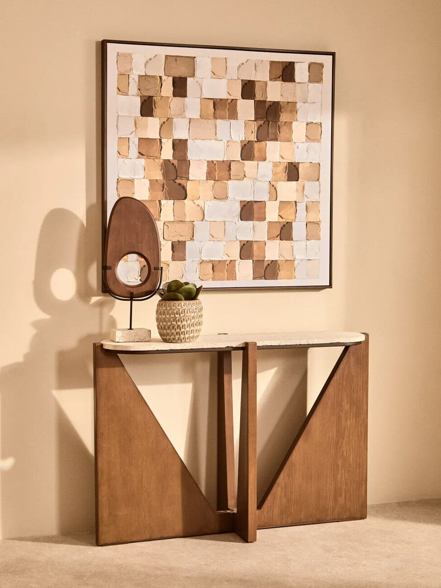 Image of Cream Travertine Top Console Table with Brown Acacia Wood Frame, Walton