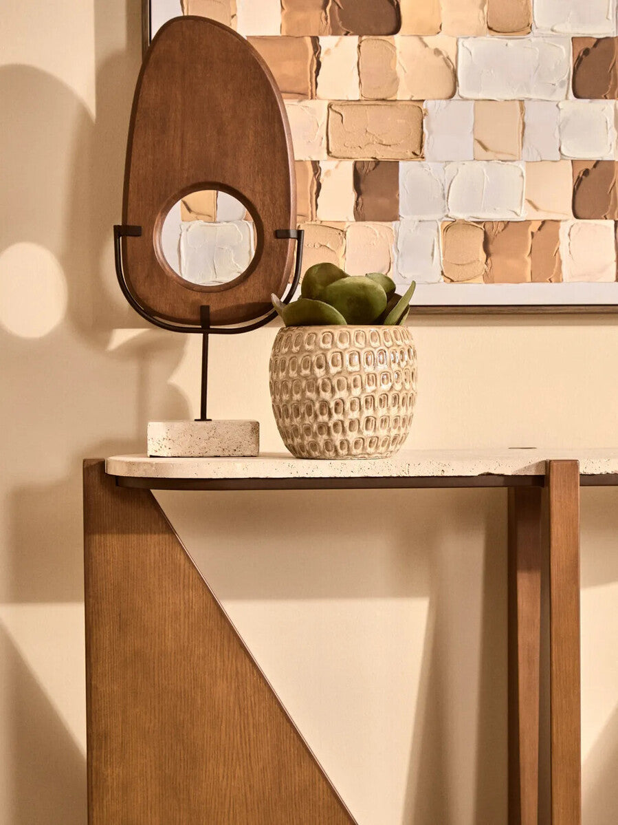 Image of Cream Travertine Top Console Table with Brown Acacia Wood Frame, Walton