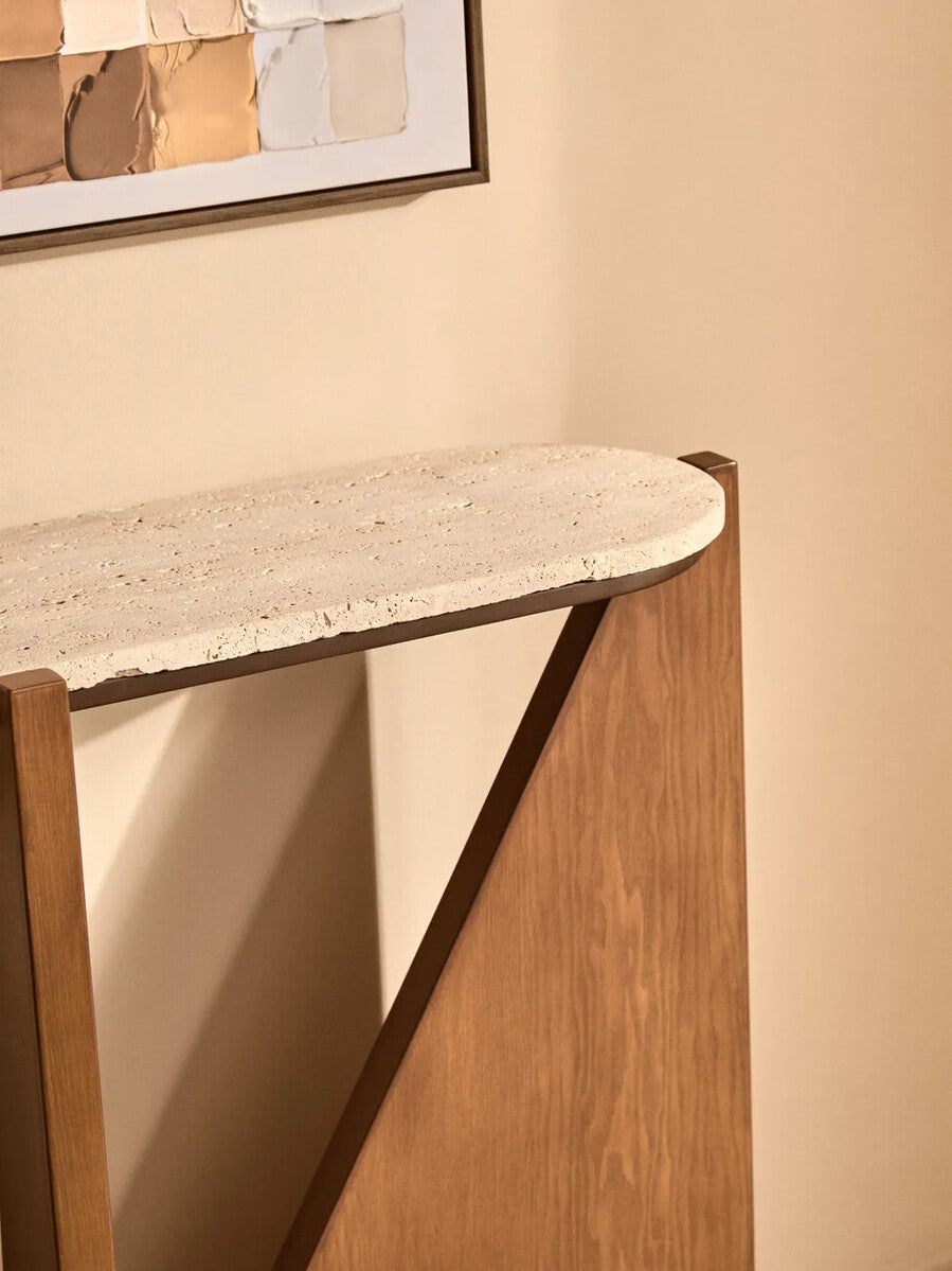 Image of Cream Travertine Top Console Table with Brown Acacia Wood Frame, Walton