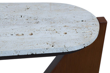 Image of Cream Travertine Top Console Table with Brown Acacia Wood Frame, Walton