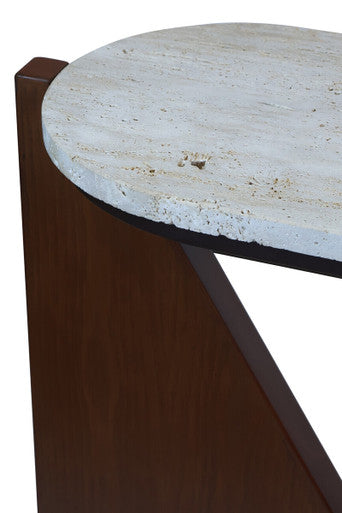 Image of Cream Travertine Top Console Table with Brown Acacia Wood Frame, Walton