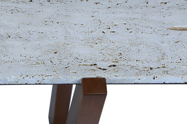 Image of Cream Travertine Top Console Table with Brown Acacia Wood Frame, Walton
