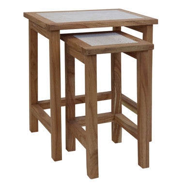 Image of Set of 2 Cream Travertine Top Small Nesting Console Tables with Natural Acacia Wood Frames, Womad