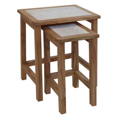 Image of Set of 2 Cream Travertine Top Small Nesting Console Tables with Natural Acacia Wood Frames, Womad
