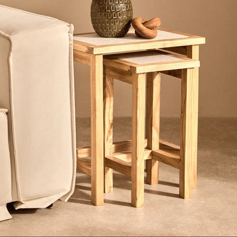 Image of Set of 2 Cream Travertine Top Small Nesting Console Tables with Natural Acacia Wood Frames, Womad