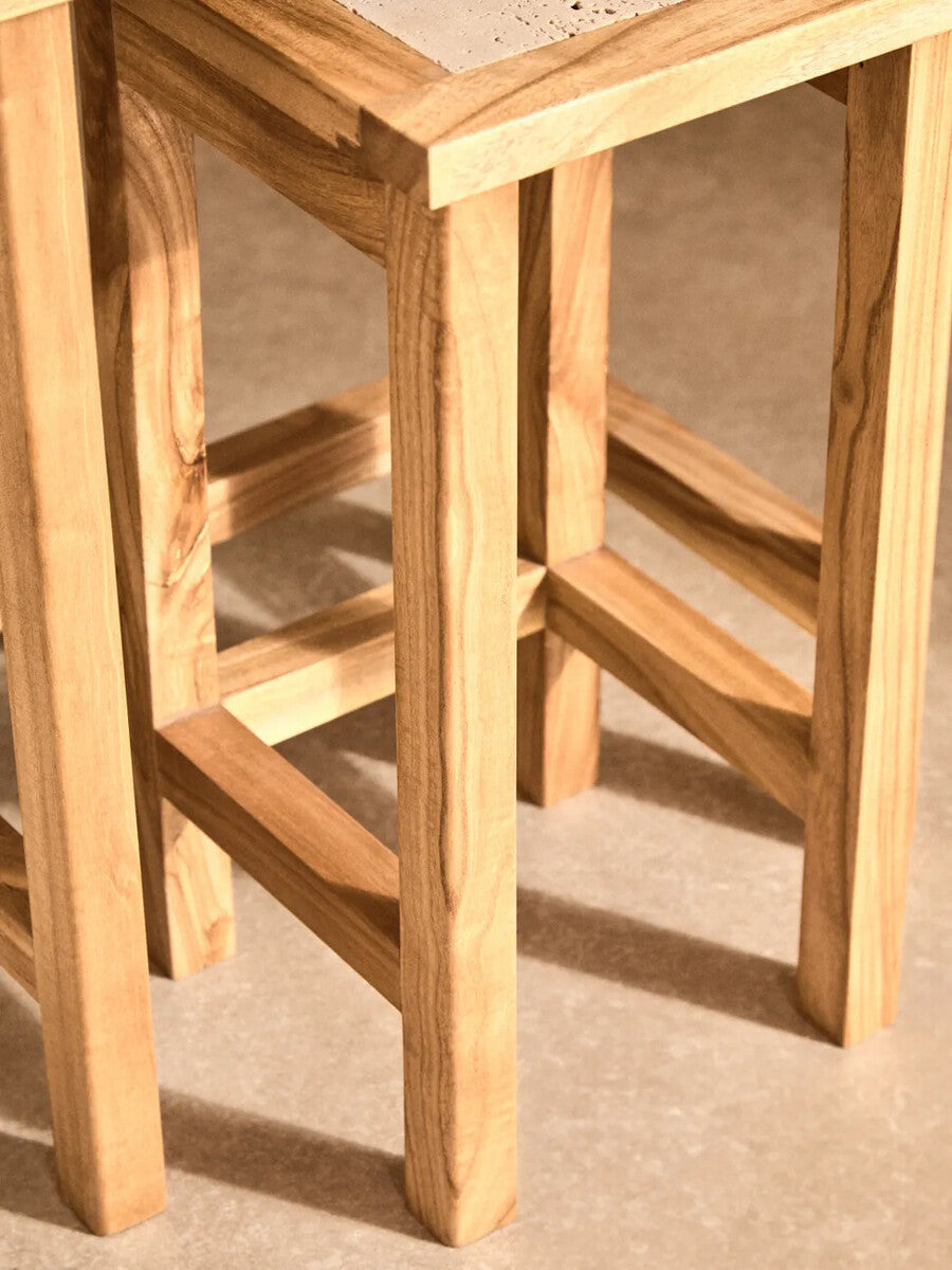 Image of Set of 2 Cream Travertine Top Small Nesting Console Tables with Natural Acacia Wood Frames, Womad