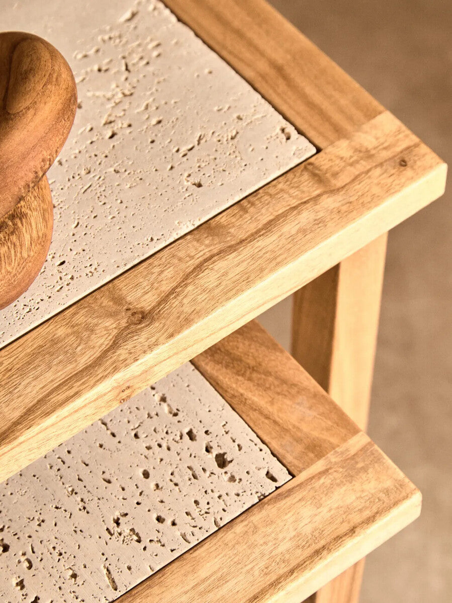 Image of Set of 2 Cream Travertine Top Small Nesting Console Tables with Natural Acacia Wood Frames, Womad