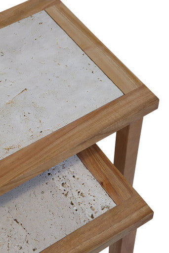Image of Set of 2 Cream Travertine Top Small Nesting Console Tables with Natural Acacia Wood Frames, Womad