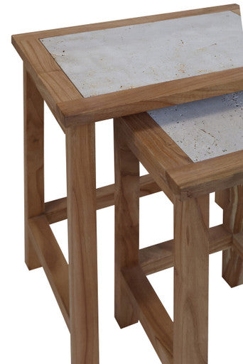 Image of Set of 2 Cream Travertine Top Small Nesting Console Tables with Natural Acacia Wood Frames, Womad