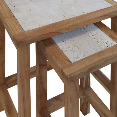 Image of Set of 2 Cream Travertine Top Small Nesting Console Tables with Natural Acacia Wood Frames, Womad