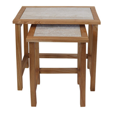 Image of Set of 2 Cream Travertine Top Large Nesting Console Tables with Natural Acacia Wood Frames, Womad