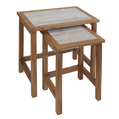 Image of Set of 2 Cream Travertine Top Large Nesting Console Tables with Natural Acacia Wood Frames, Womad