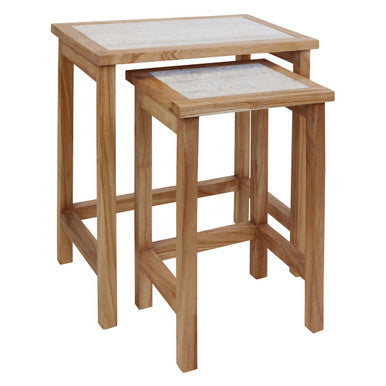 Image of Set of 2 Cream Travertine Top Large Nesting Console Tables with Natural Acacia Wood Frames, Womad