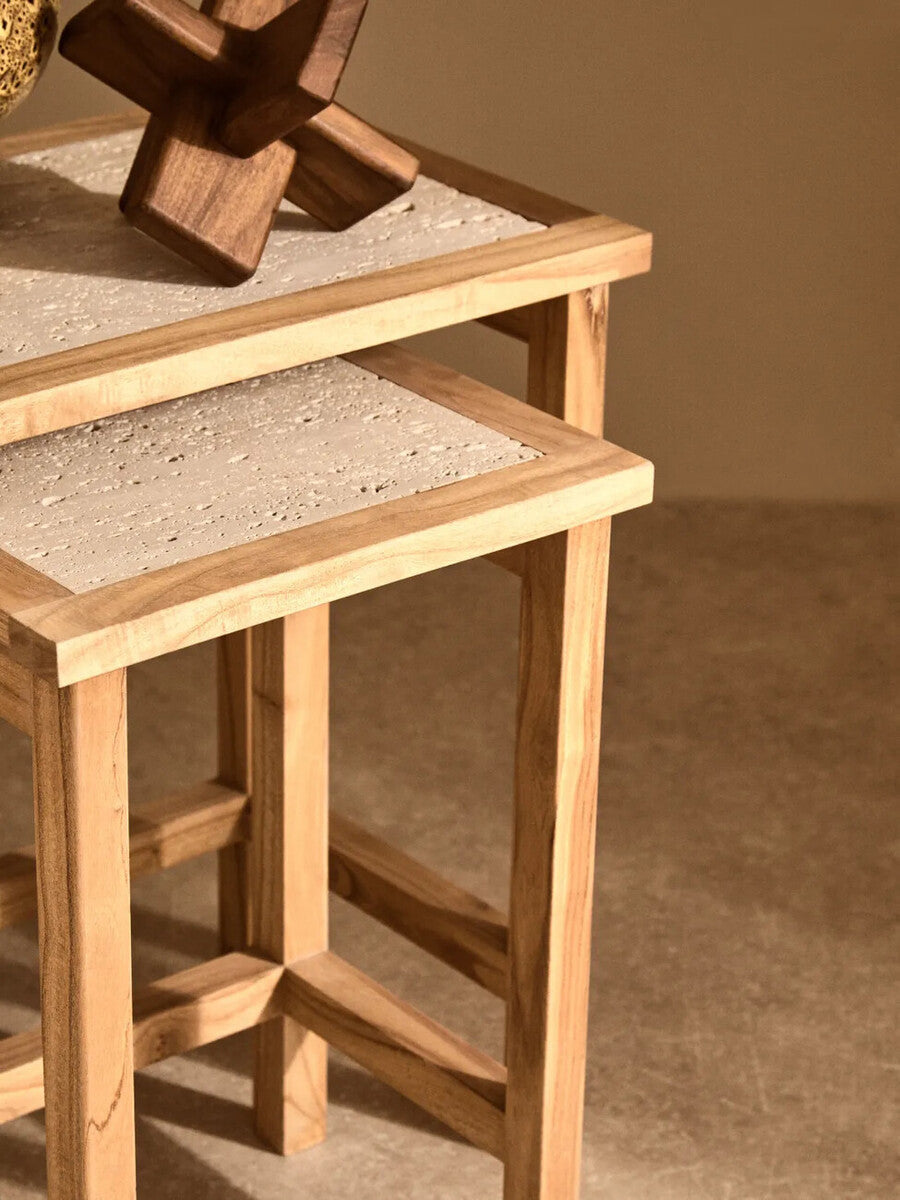 Image of Set of 2 Cream Travertine Top Large Nesting Console Tables with Natural Acacia Wood Frames, Womad