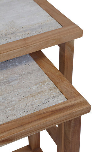 Image of Set of 2 Cream Travertine Top Large Nesting Console Tables with Natural Acacia Wood Frames, Womad