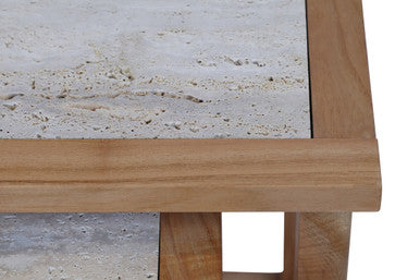 Image of Set of 2 Cream Travertine Top Large Nesting Console Tables with Natural Acacia Wood Frames, Womad