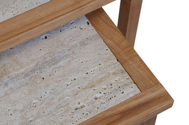 Image of Set of 2 Cream Travertine Top Large Nesting Console Tables with Natural Acacia Wood Frames, Womad