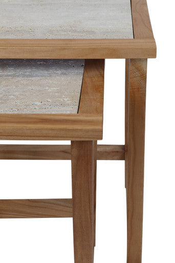 Image of Set of 2 Cream Travertine Top Large Nesting Console Tables with Natural Acacia Wood Frames, Womad