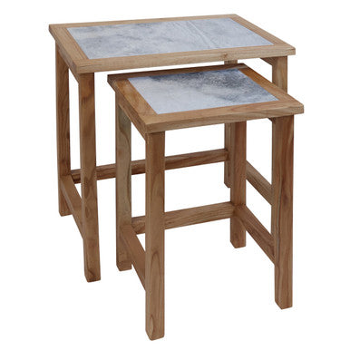 Image of Set of 2 Large White Marble Top Nesting Side Tables with Natural Wood Frames, Womad