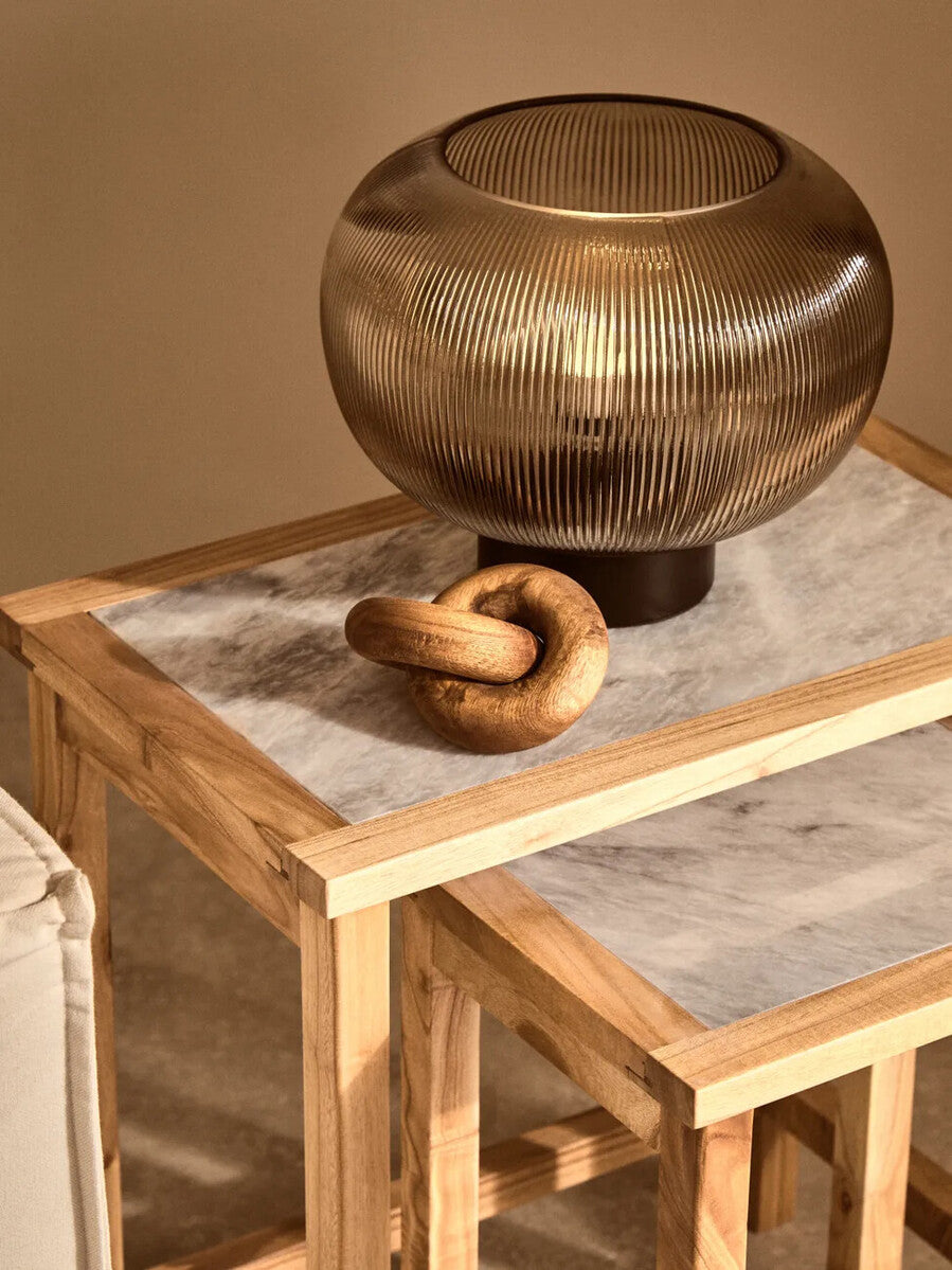 Image of Set of 2 Large White Marble Top Nesting Side Tables with Natural Wood Frames, Womad