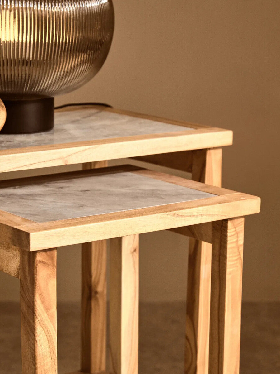 Image of Set of 2 Large White Marble Top Nesting Side Tables with Natural Wood Frames, Womad