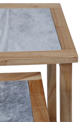Image of Set of 2 Large White Marble Top Nesting Side Tables with Natural Wood Frames, Womad