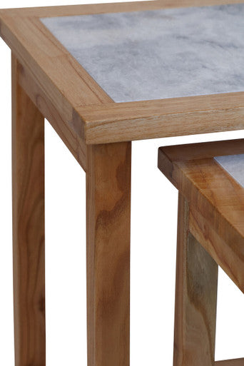 Image of Set of 2 Large White Marble Top Nesting Side Tables with Natural Wood Frames, Womad