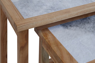 Image of Set of 2 Large White Marble Top Nesting Side Tables with Natural Wood Frames, Womad