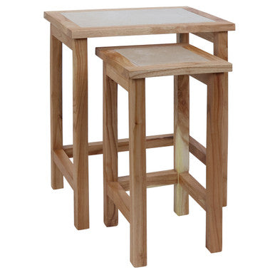 Image of Set of 2 Small Cream Marble Top Nesting Side Tables with Natural Wood Frames, Womad