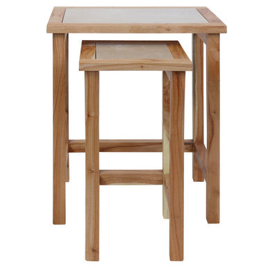 Image of Set of 2 Small Cream Marble Top Nesting Side Tables with Natural Wood Frames, Womad