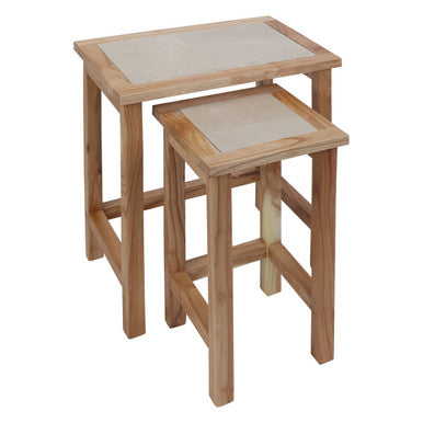 Image of Set of 2 Small Cream Marble Top Nesting Side Tables with Natural Wood Frames, Womad