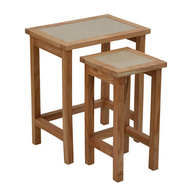 Image of Set of 2 Small Cream Marble Top Nesting Side Tables with Natural Wood Frames, Womad