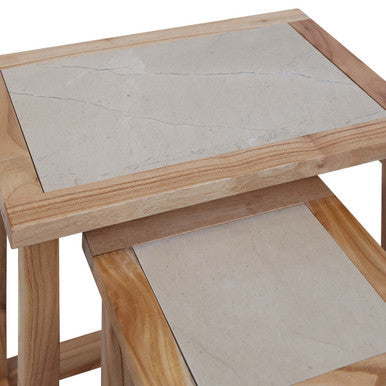 Image of Set of 2 Small Cream Marble Top Nesting Side Tables with Natural Wood Frames, Womad