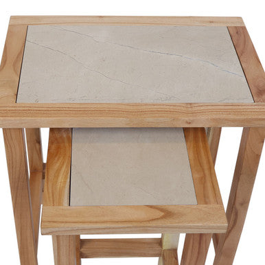 Image of Set of 2 Small Cream Marble Top Nesting Side Tables with Natural Wood Frames, Womad