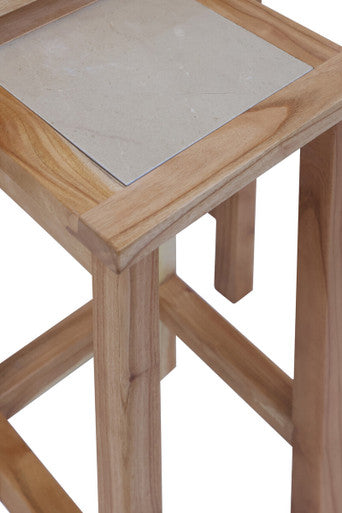 Image of Set of 2 Small Cream Marble Top Nesting Side Tables with Natural Wood Frames, Womad