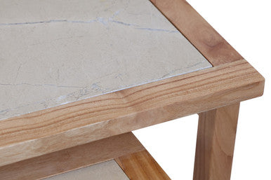 Image of Set of 2 Small Cream Marble Top Nesting Side Tables with Natural Wood Frames, Womad