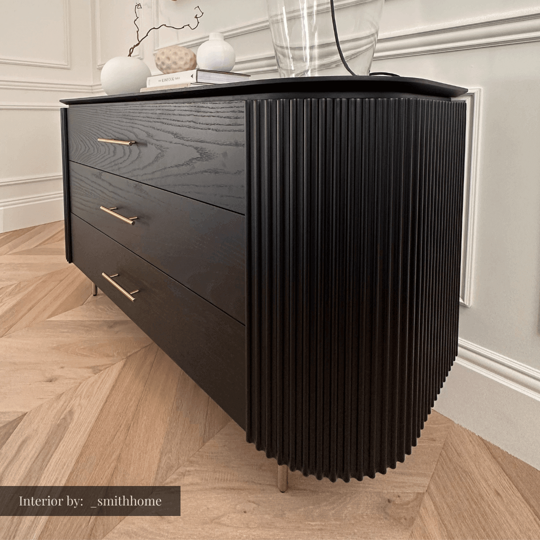 Image of Lantine 3 Drawer Dresser - Black Oak & Brass