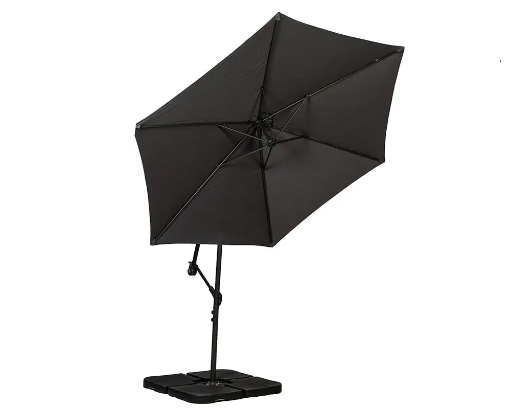 Image of Black patio umbrella with stand on a white background