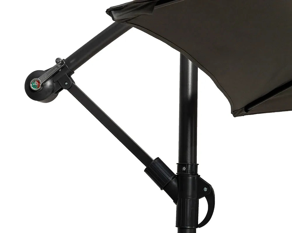 Image of Black patio umbrella with adjustable arm on a white background