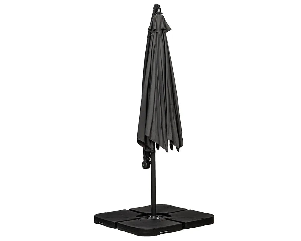 Image of Black patio umbrella with stand on a white background
