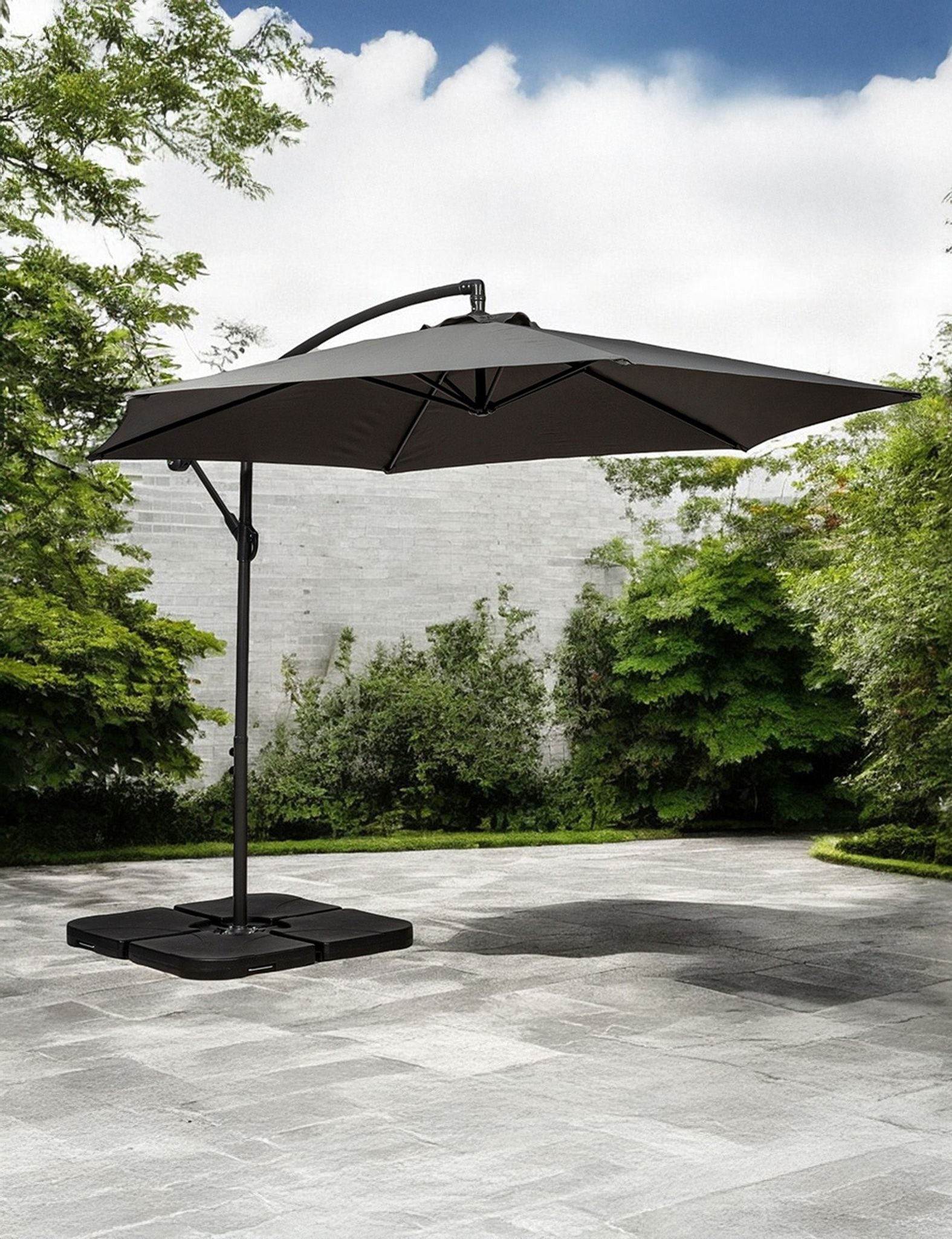 Image of Cream-white square garden parasol canopy with dark edging and central pole