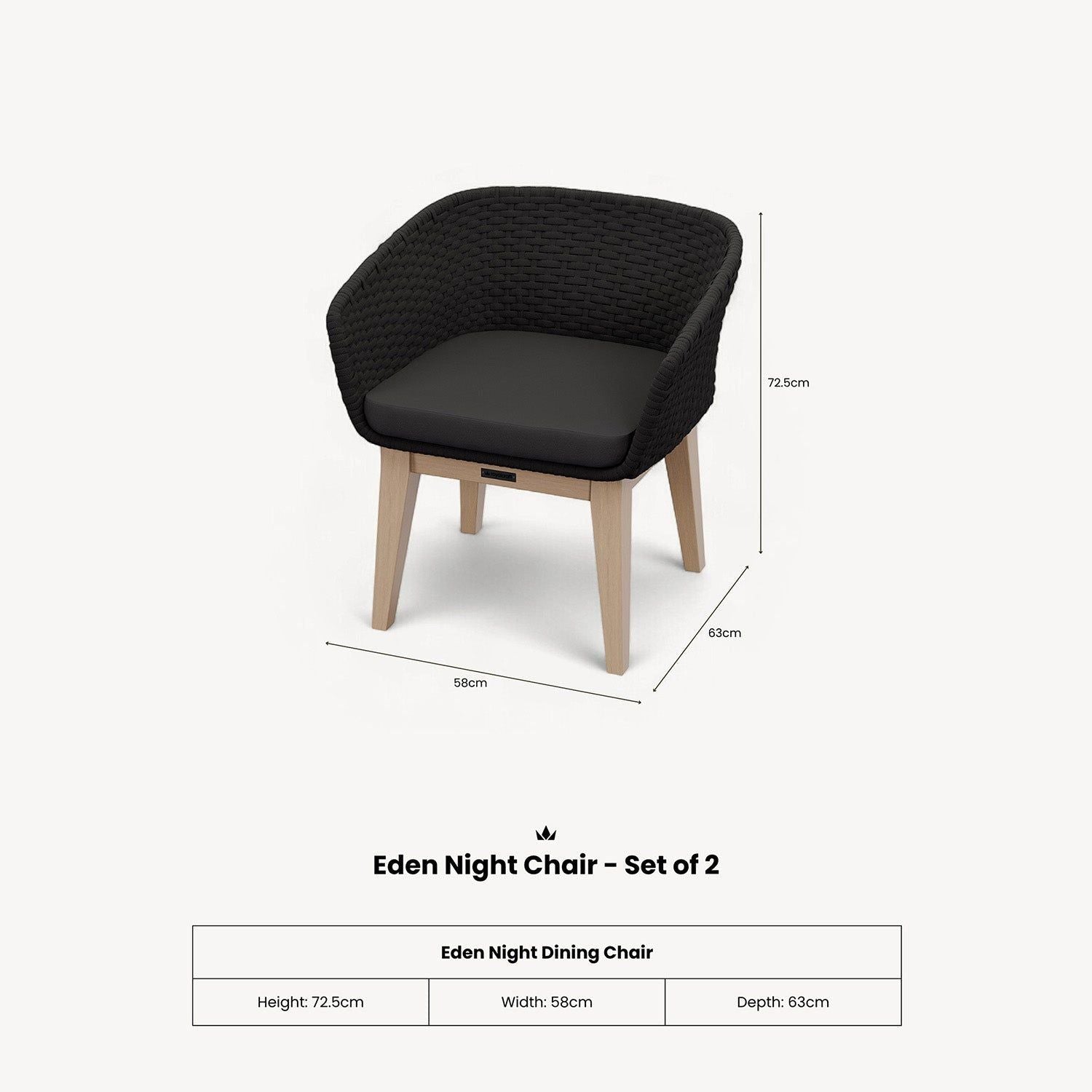 Image of A black woven Eden Night Chair with a black cushioned seat and light wood legs, shown with dimension lines and text indicating height, width, and depth measurements.