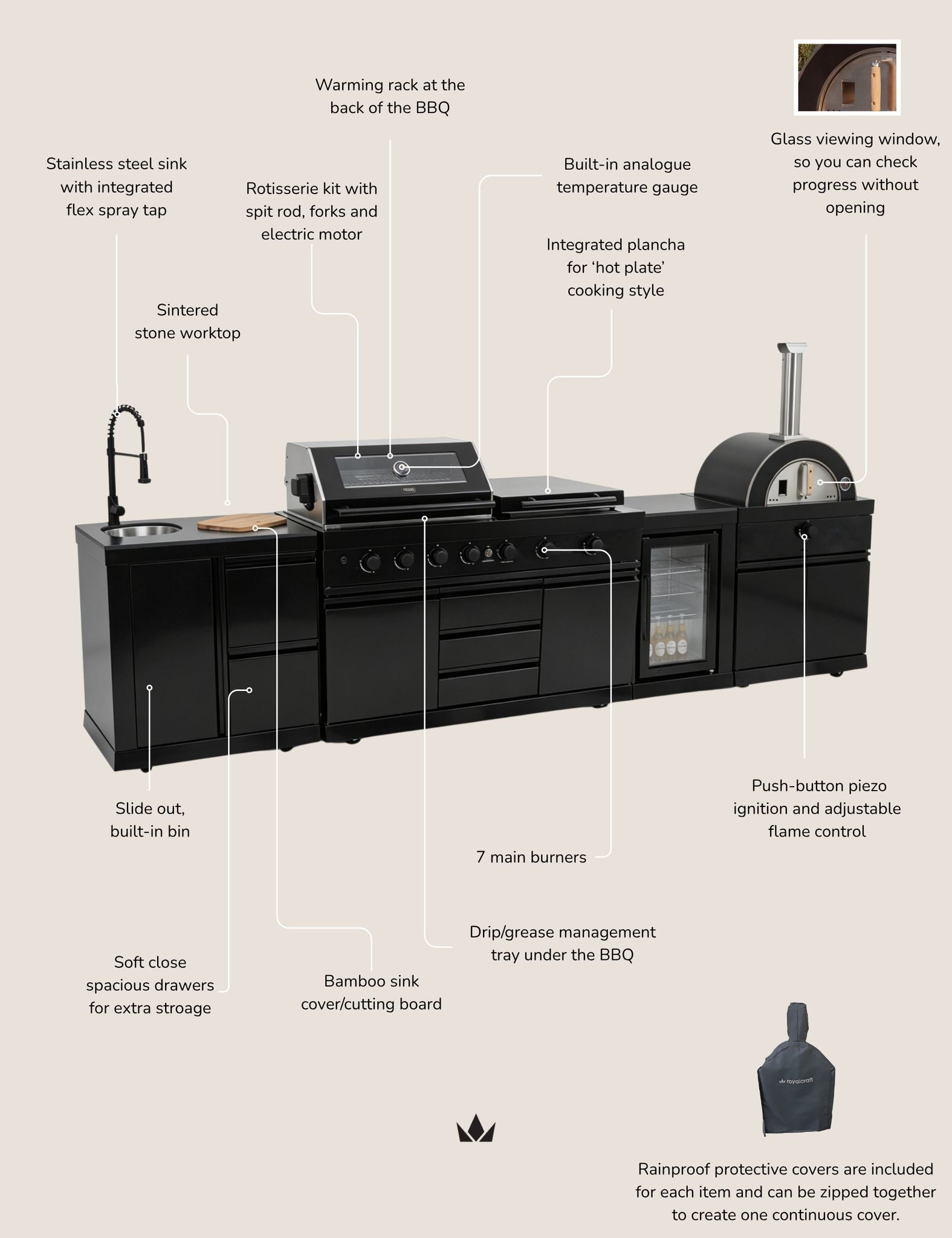 Image of Luxe Outdoor Kitchen 7 Burner with Sink, Pizza Oven and Fridge