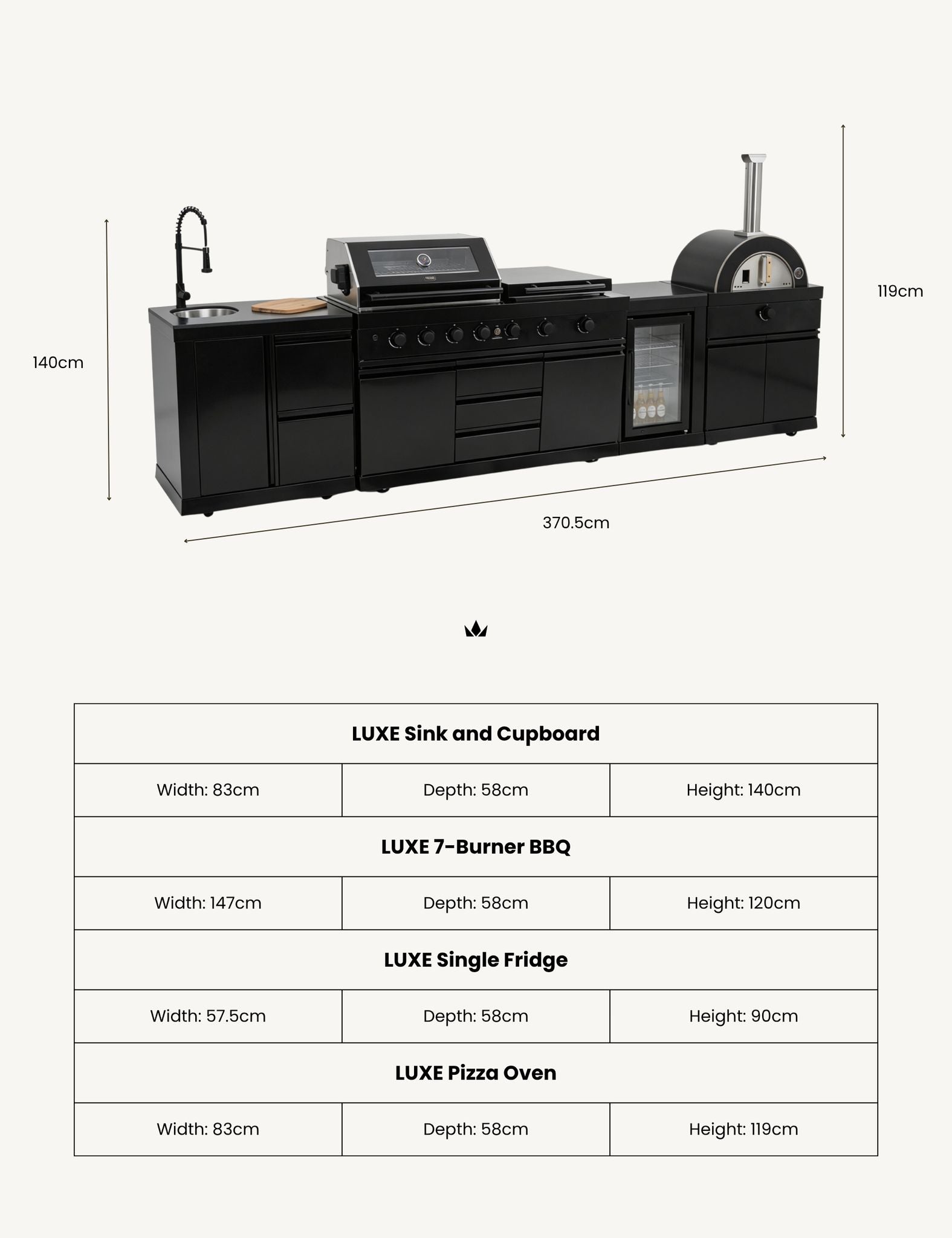 Image of Luxe Outdoor Kitchen 7 Burner with Sink, Pizza Oven and Fridge