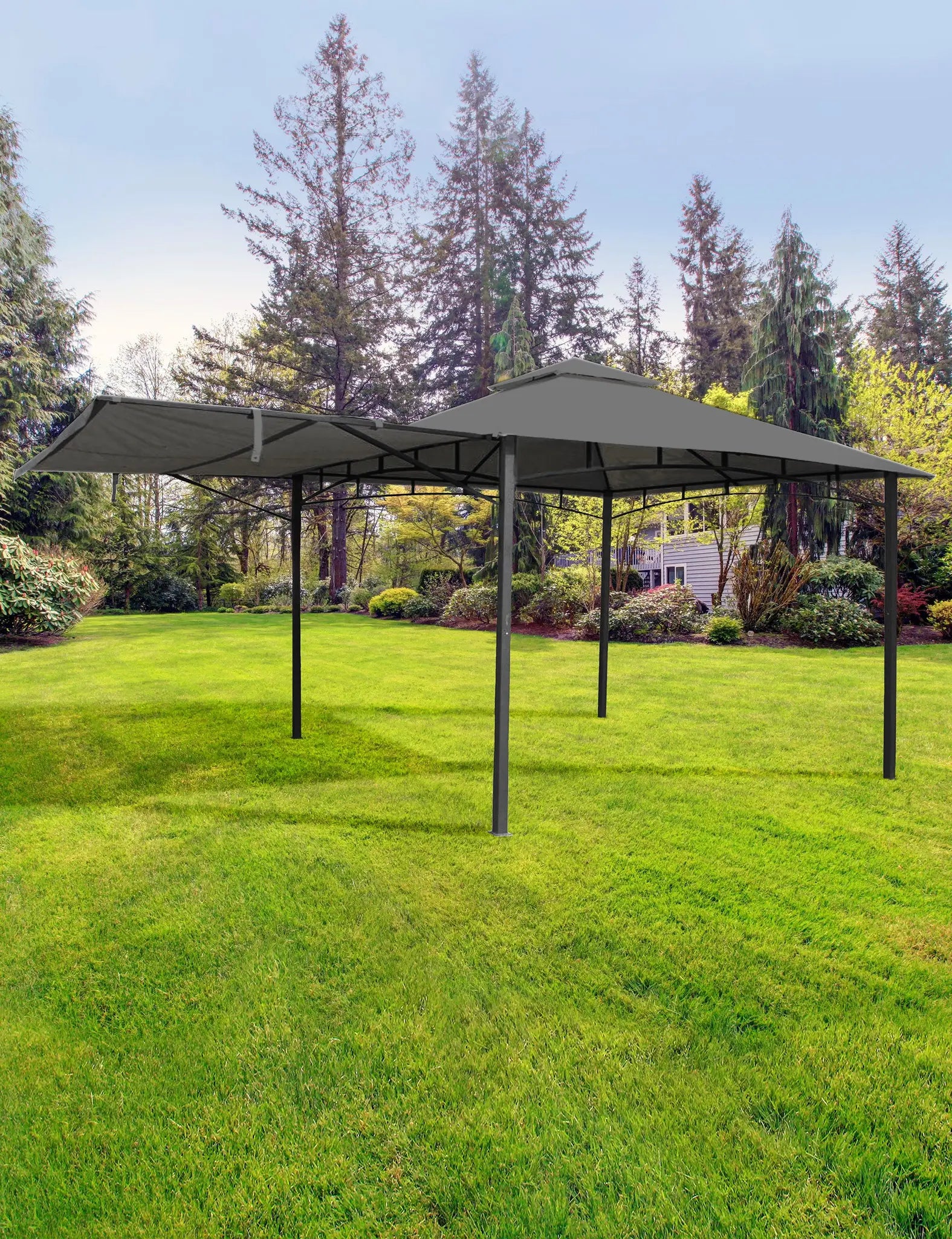Image of grey steel-frame gazebo with waterproof canopy and vented roof