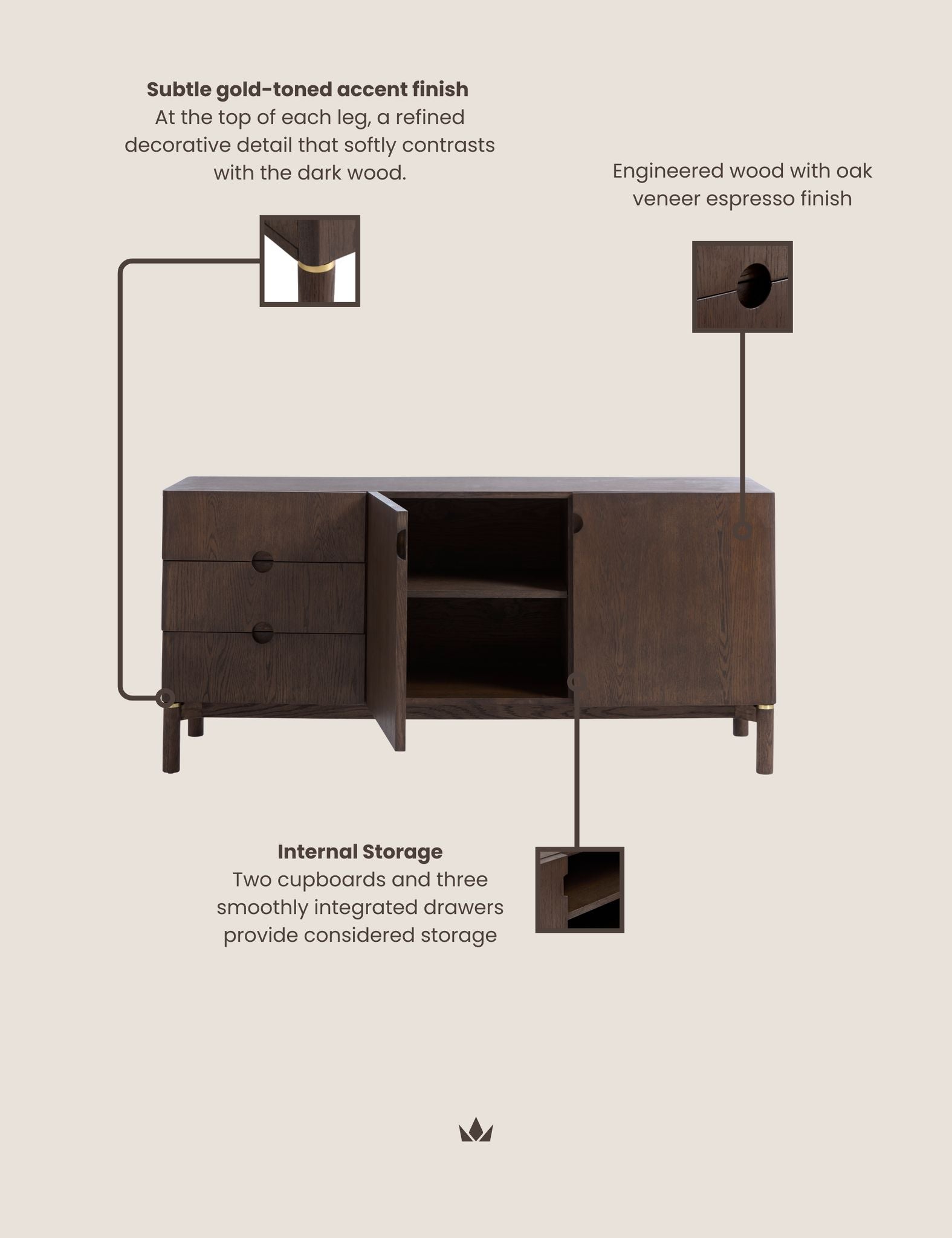 Image of ARKA Dark Wood 2-Door, 3-Drawer Sideboard